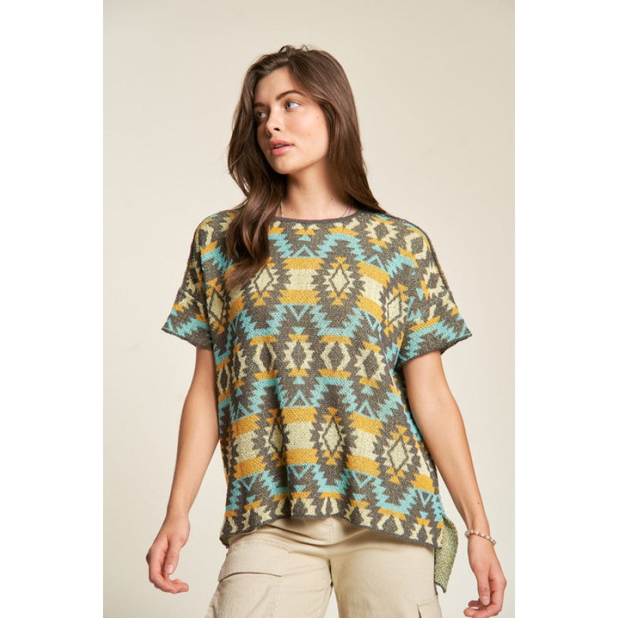 Davi & Dani High-Low Geometric Round Neck Knit Top Apparel and Accessories