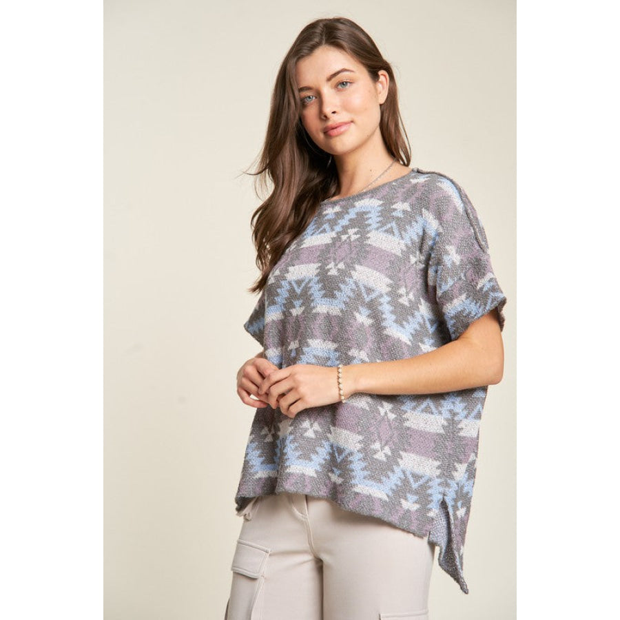 Davi & Dani High-Low Geometric Round Neck Knit Top Apparel and Accessories