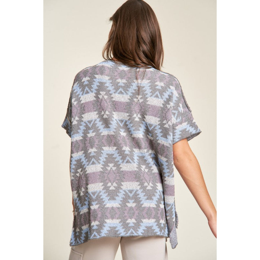 Davi & Dani High-Low Geometric Round Neck Knit Top Apparel and Accessories