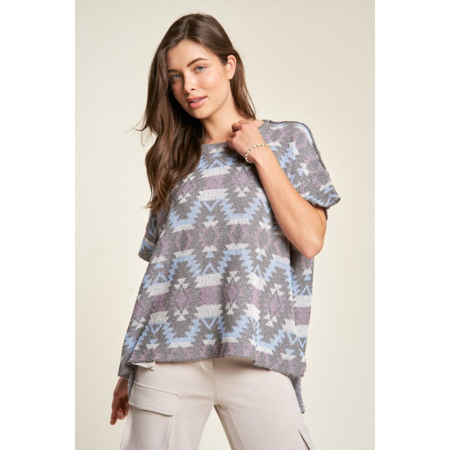 Davi & Dani High-Low Geometric Round Neck Knit Top Blue Lilac / S Apparel and Accessories