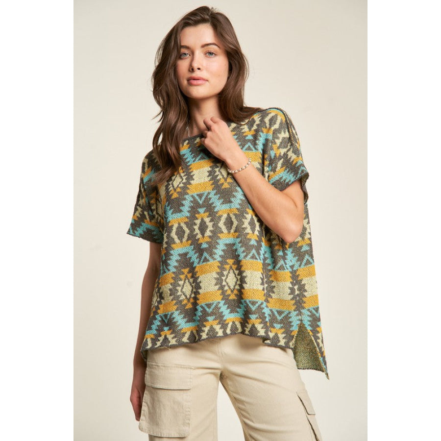 Davi & Dani High-Low Geometric Round Neck Knit Top SEAFOAM/YELLOW / S Apparel and Accessories