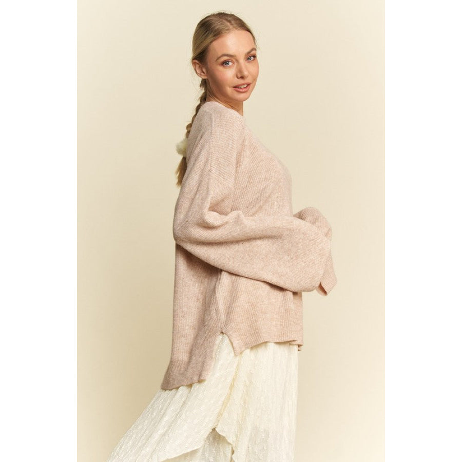 Davi & Dani High-Low Round Neck Drop Shoulder Sweater OATMEAL / S Apparel and Accessories