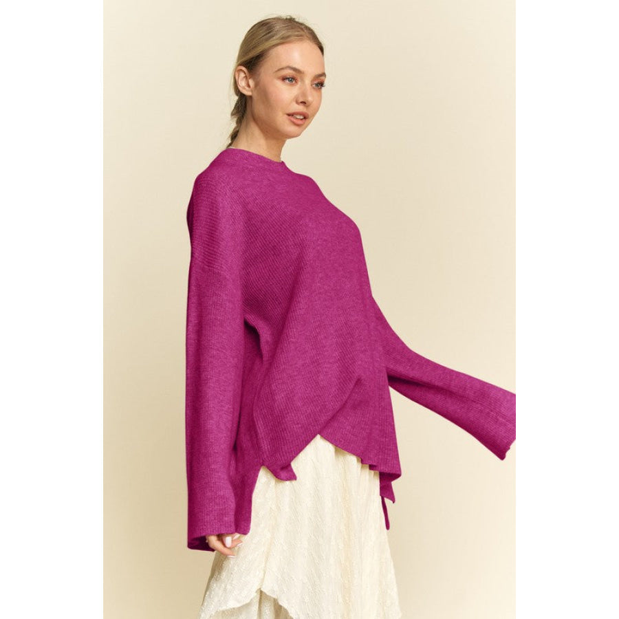 Davi & Dani High-Low Round Neck Drop Shoulder Sweater Deep Purple / S Apparel and Accessories