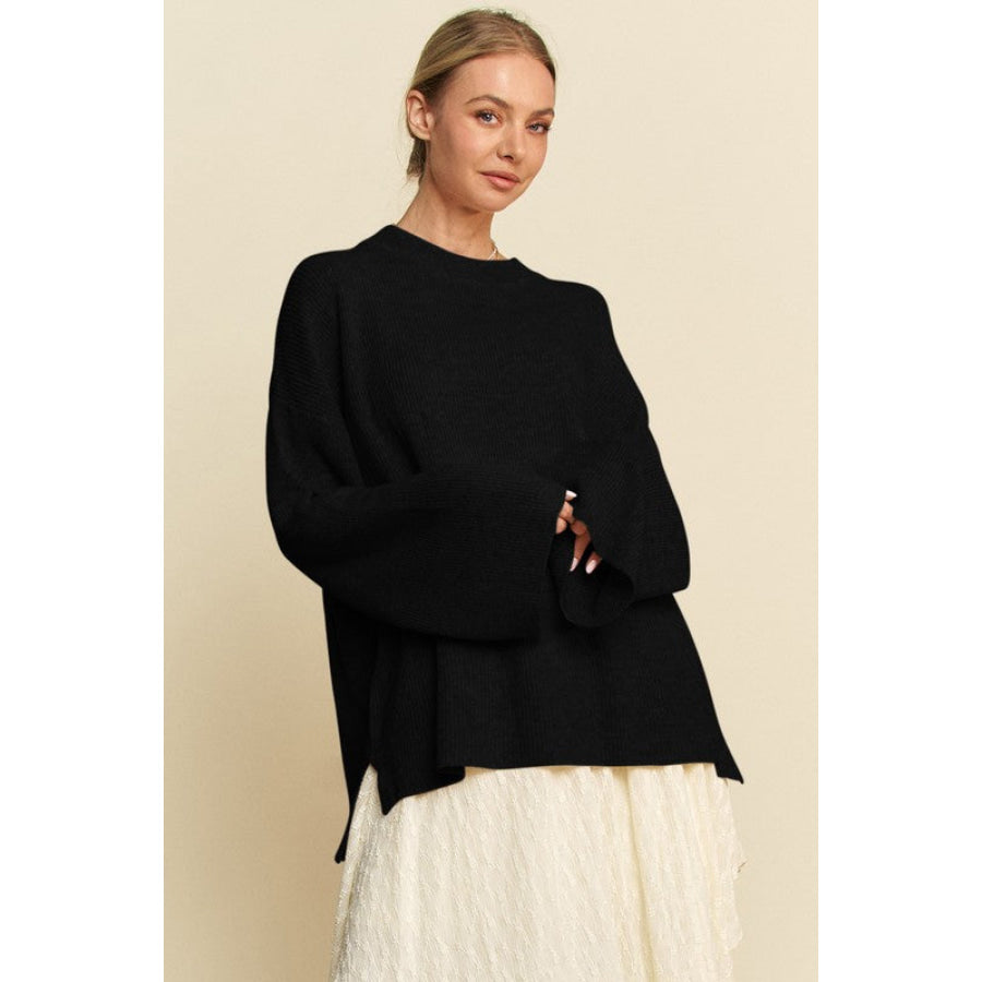 Davi &amp; Dani High-Low Round Neck Drop Shoulder Sweater Black / S Apparel and Accessories