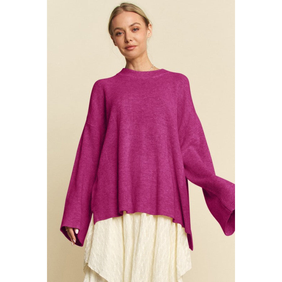 Davi &amp; Dani High-Low Round Neck Drop Shoulder Sweater Deep Purple / S Apparel and Accessories