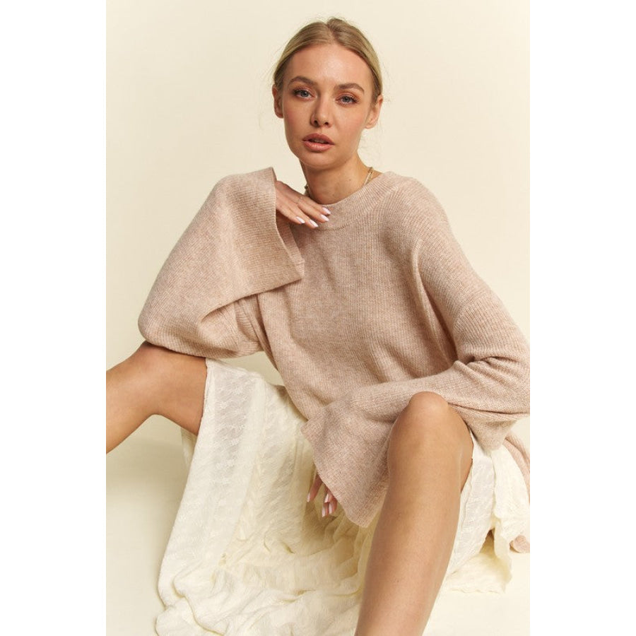 Davi &amp; Dani High-Low Round Neck Drop Shoulder Sweater OATMEAL / S Apparel and Accessories