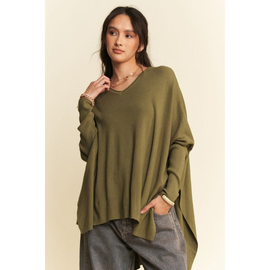 Davi & Dani High-Low Side Slit Batwing Sleeve Top Olive / S Apparel and Accessories