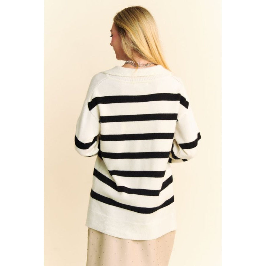 Davi &amp; Dani High-Low Side Slit Striped Johnny Collar Sweater Apparel and Accessories