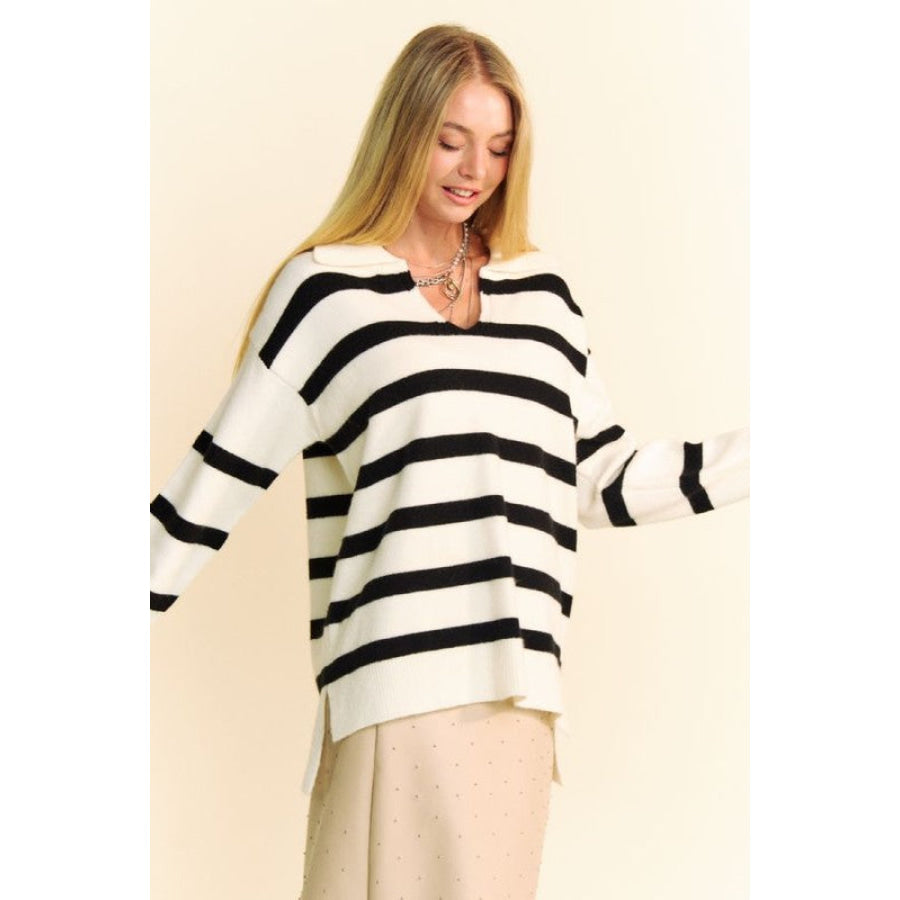 Davi &amp; Dani High-Low Side Slit Striped Johnny Collar Sweater Apparel and Accessories