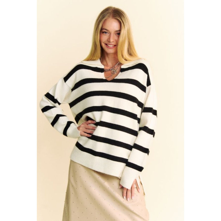 Davi &amp; Dani High-Low Side Slit Striped Johnny Collar Sweater White / S Apparel and Accessories