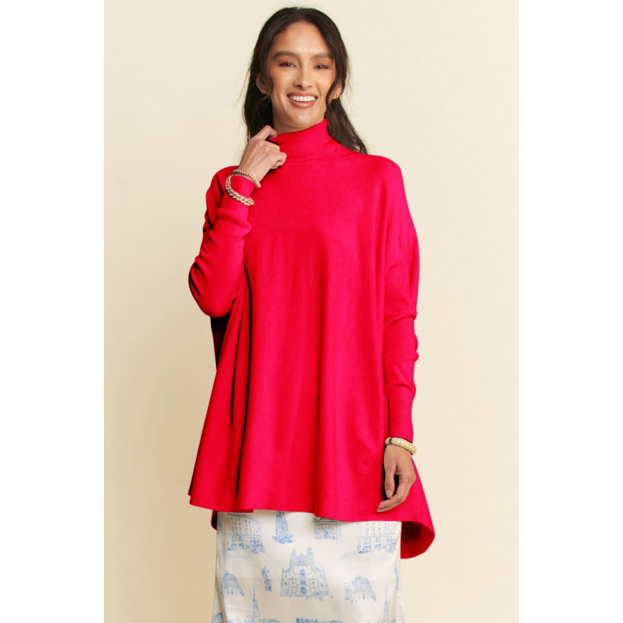 Davi & Dani High-Low Turtleneck Long Sleeve Knit Top Hot Pink / S Apparel and Accessories