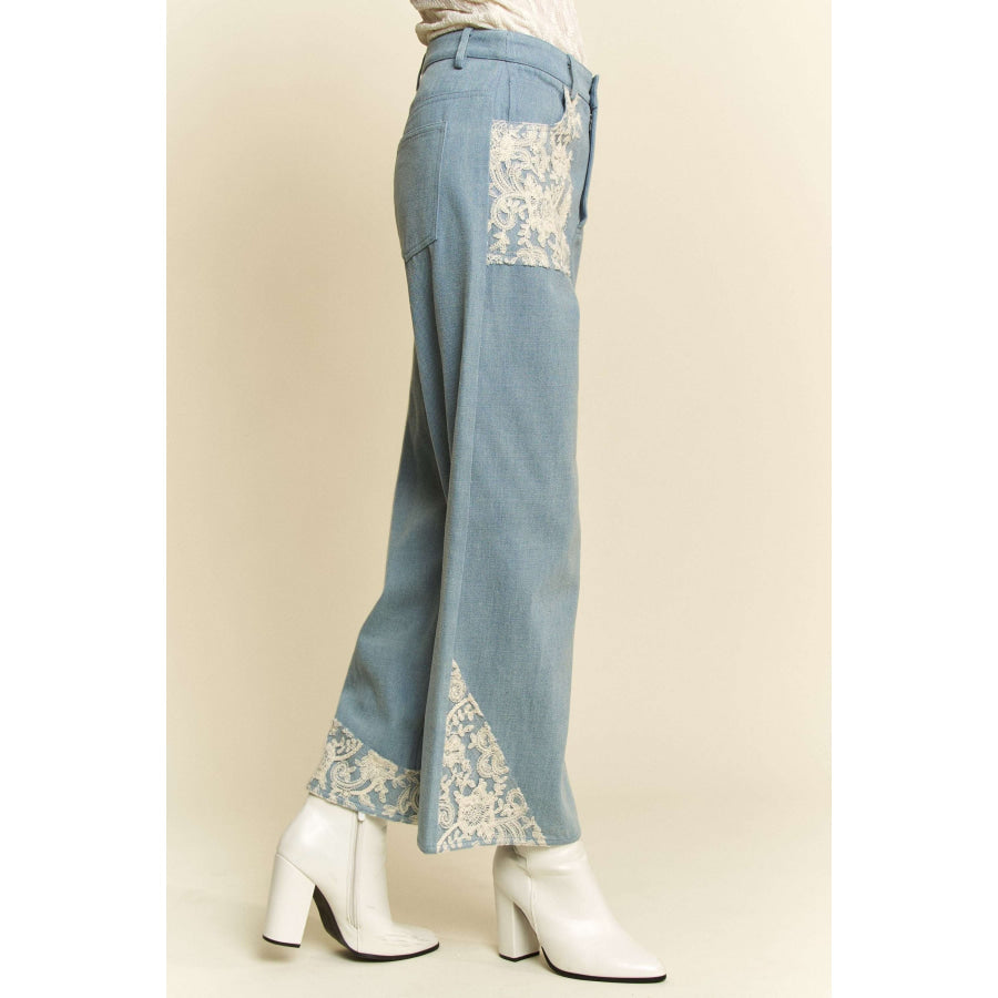 Davi & Dani Lace Applique Wide Leg Jeans Light / S Apparel and Accessories