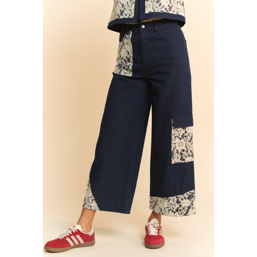 Davi &amp; Dani Lace Applique Wide Leg Jeans Dark / S Apparel and Accessories