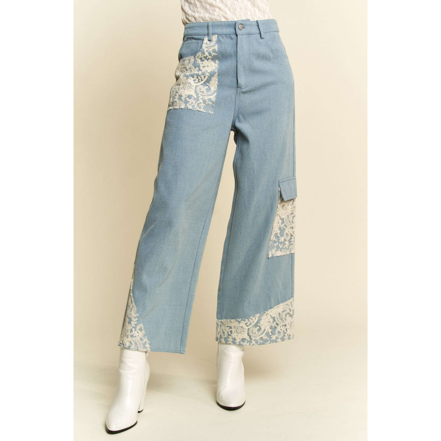 Davi &amp; Dani Lace Applique Wide Leg Jeans Light / S Apparel and Accessories