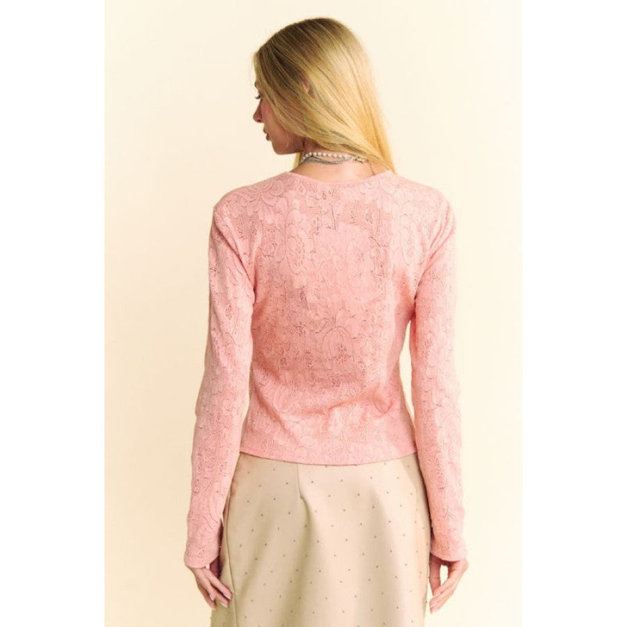 Davi & Dani Lace Mesh Round Neck Long Sleeve Top Coral Rose / S Apparel and Accessories