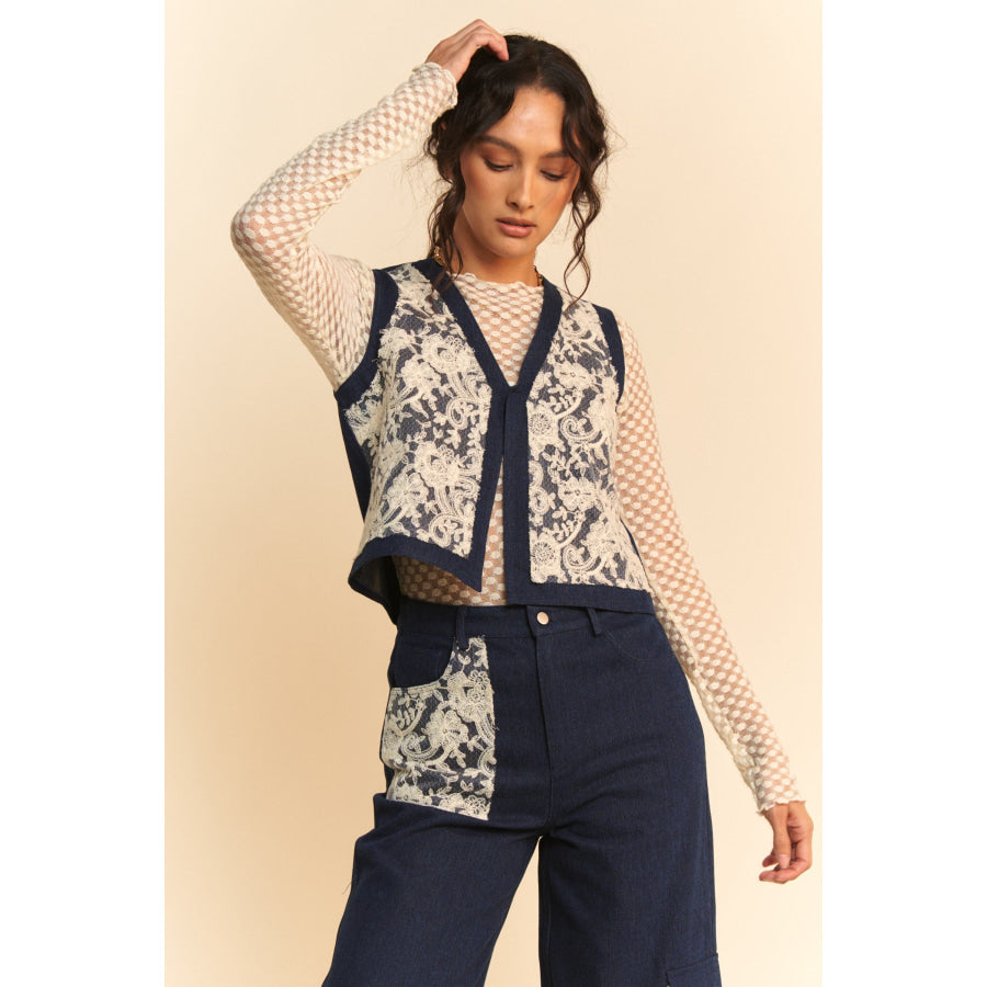 Davi &amp; Dani Lace Patch Open Front Denim Vest Apparel and Accessories