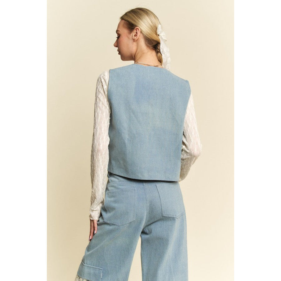 Davi &amp; Dani Lace Patch Open Front Denim Vest Apparel and Accessories