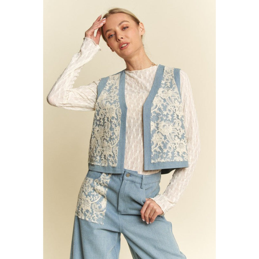 Davi &amp; Dani Lace Patch Open Front Denim Vest Light / S Apparel and Accessories