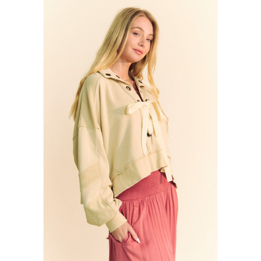 Davi & Dani Lace Up Exposed Seam French Terry Top Apparel and Accessories