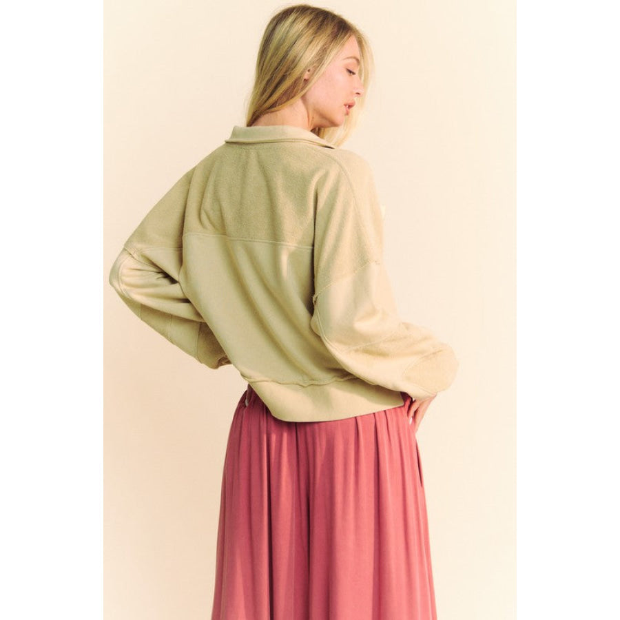 Davi & Dani Lace Up Exposed Seam French Terry Top Tan / S Apparel and Accessories