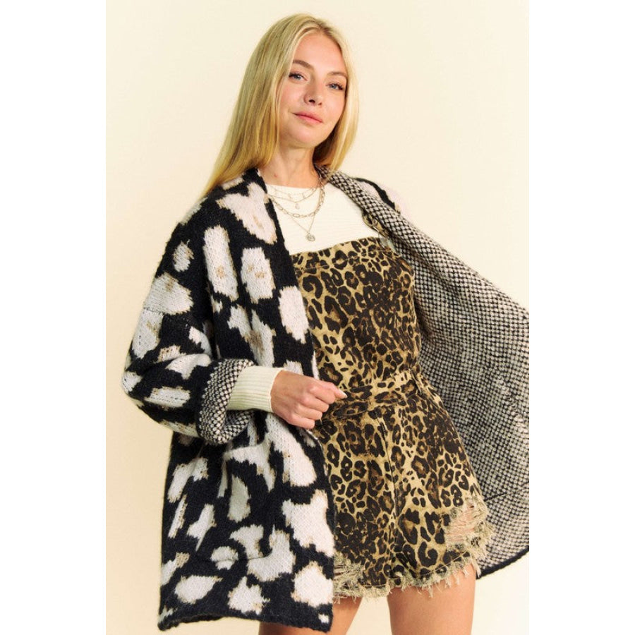 Davi &amp; Dani Leopard Open Front Long Sleeve Cardigan Apparel and Accessories