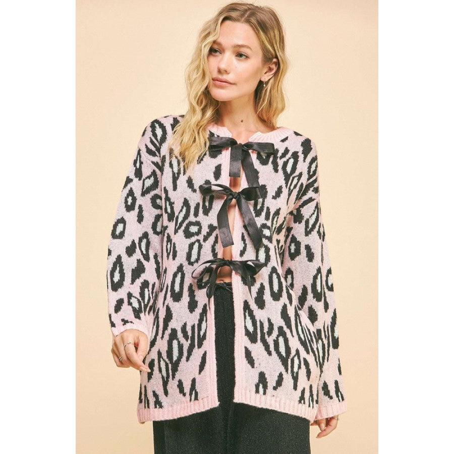 Davi &amp; Dani Leopard Ribbon Tie Front Loose Fit Cardigan Blush Pink / S Apparel and Accessories