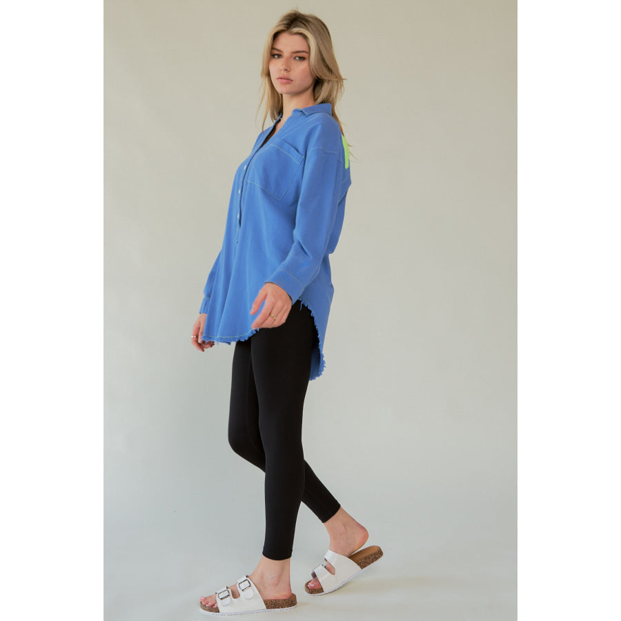 Davi & Dani Letter Back Raw Hem Half Button Shirt Blue / S Apparel and Accessories