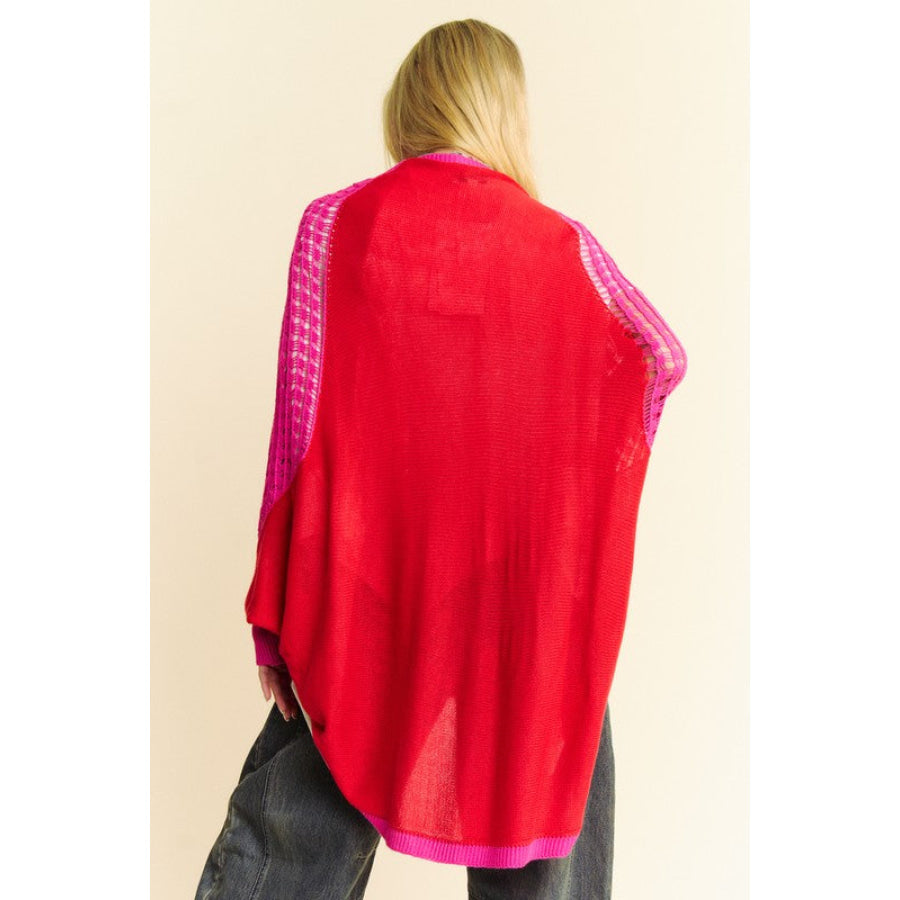 Davi & Dani Openwork Contrast Open Front Cardigan Red Multicolor / S Apparel and Accessories