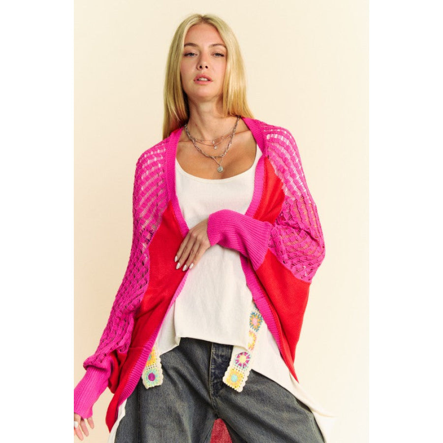 Davi &amp; Dani Openwork Contrast Open Front Cardigan Apparel and Accessories