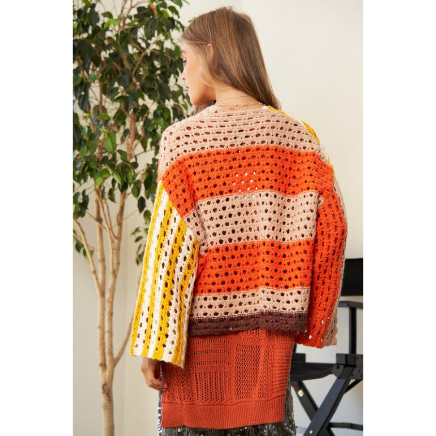 Davi & Dani Openwork Open Front Striped Cardigan YELLOW ORANGE / S Apparel and Accessories