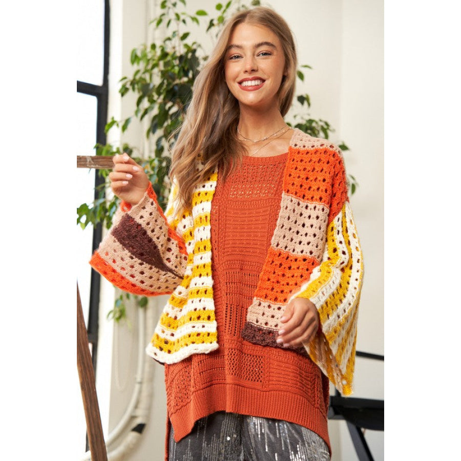 Davi &amp; Dani Openwork Open Front Striped Cardigan YELLOW ORANGE / S Apparel and Accessories