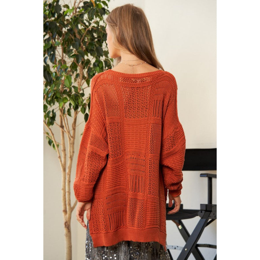 Davi & Dani Openwork Side Slit Drop Shoulder Knit Cover Up Apparel and Accessories