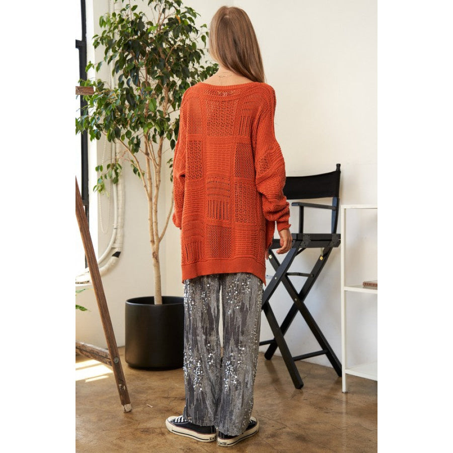 Davi & Dani Openwork Side Slit Drop Shoulder Knit Cover Up Apparel and Accessories