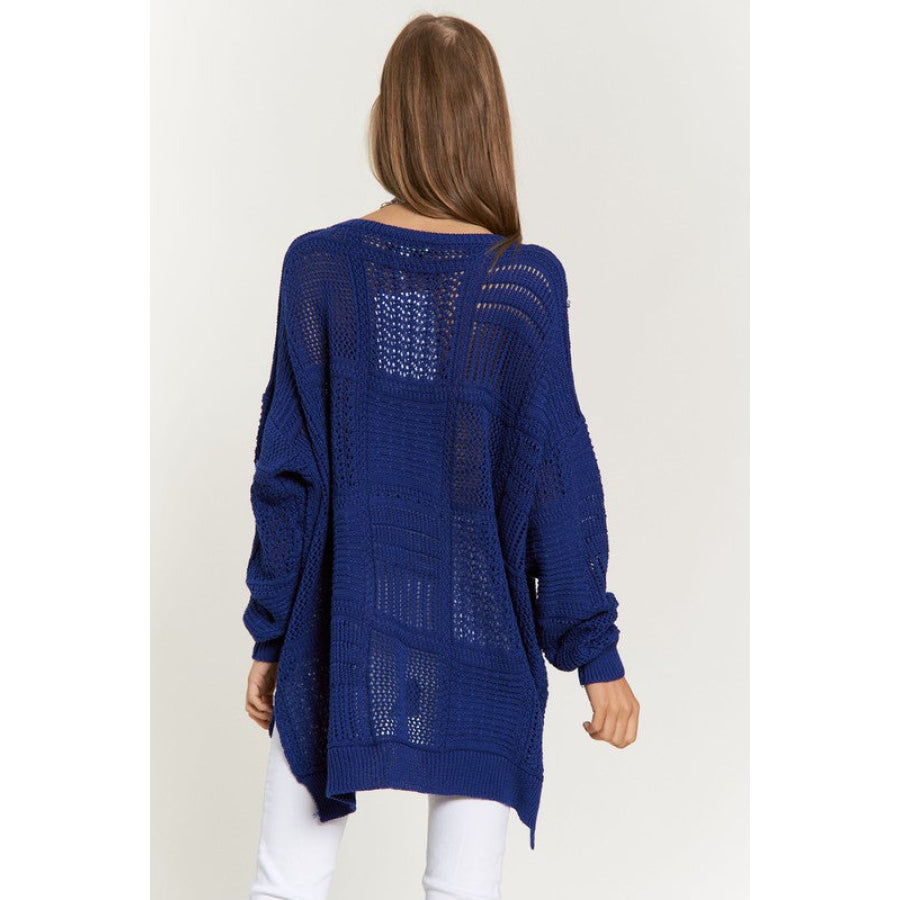 Davi & Dani Openwork Side Slit Drop Shoulder Knit Cover Up Navy / S Apparel and Accessories