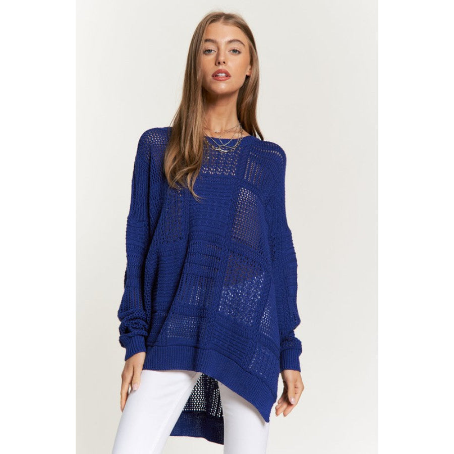 Davi &amp; Dani Openwork Side Slit Drop Shoulder Knit Cover Up Navy / S Apparel and Accessories