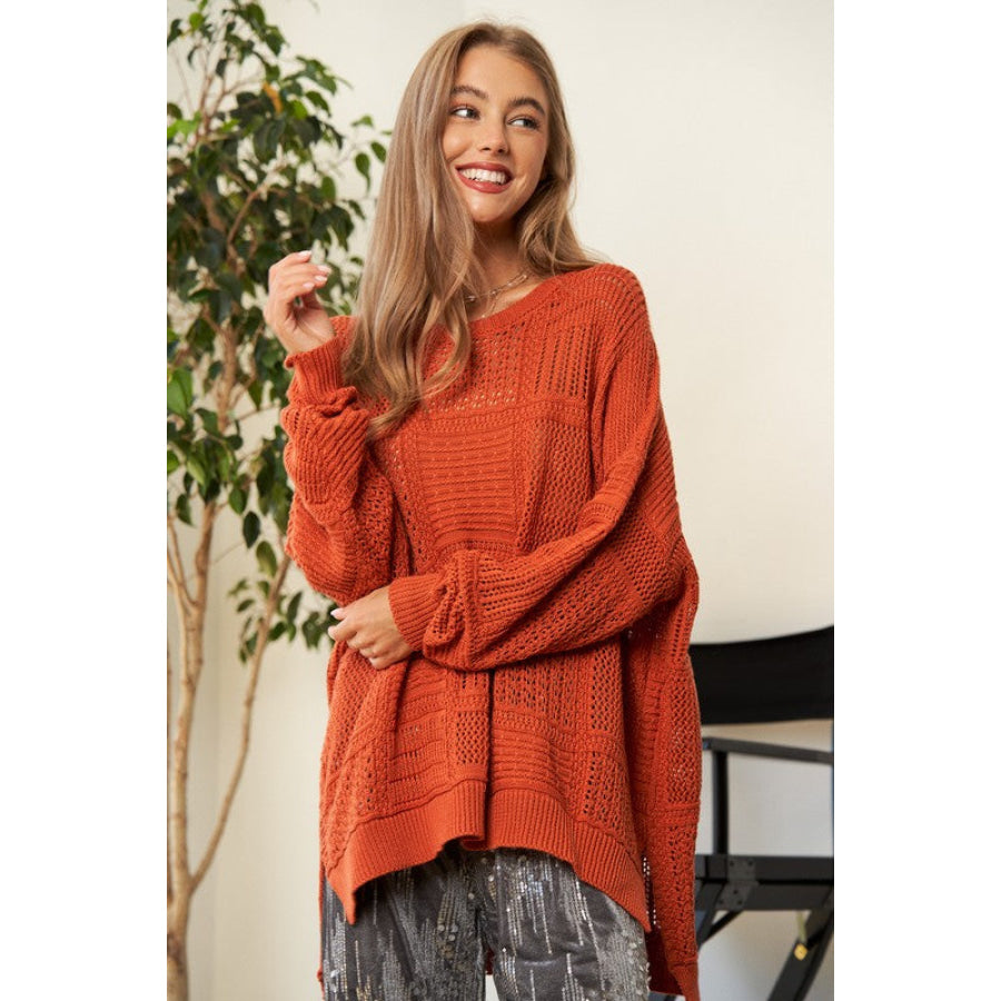 Davi & Dani Openwork Side Slit Drop Shoulder Knit Cover Up Orange / S Apparel and Accessories