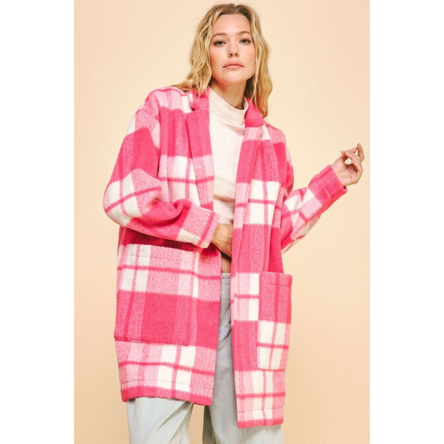 Davi &amp; Dani Plaid Open Front Drop Shoulder Longline Coat Apparel and Accessories