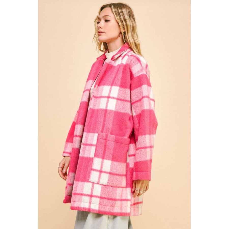 Davi &amp; Dani Plaid Open Front Drop Shoulder Longline Coat Apparel and Accessories