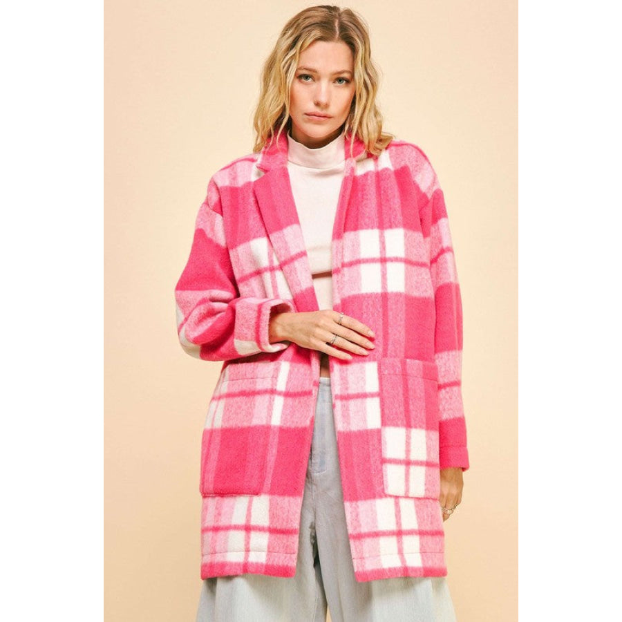 Davi &amp; Dani Plaid Open Front Drop Shoulder Longline Coat Hot Pink / S Apparel and Accessories