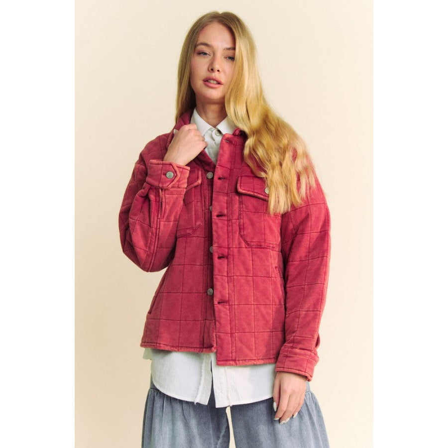 Davi &amp; Dani Quilted Button Down Shacket with Chest Pockets Brick / S Apparel and Accessories