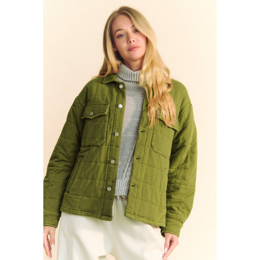 Davi &amp; Dani Quilted Button Down Shacket with Chest Pockets Yellow-Green / S Apparel and Accessories