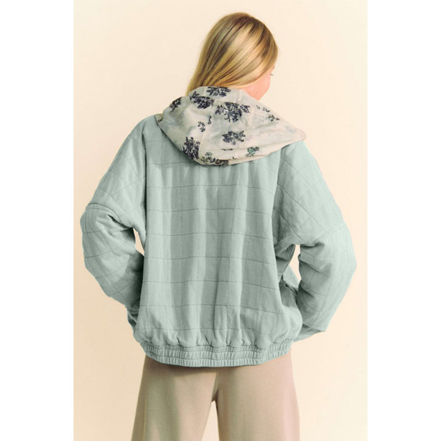 Davi & Dani Quilted Zip Up Dropped Shoulder Jacket GREY BLUE / S Apparel and Accessories