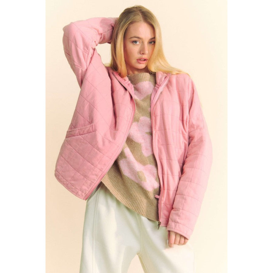 Davi &amp; Dani Quilted Zip Up Dropped Shoulder Jacket Dusty Rose / S Apparel and Accessories