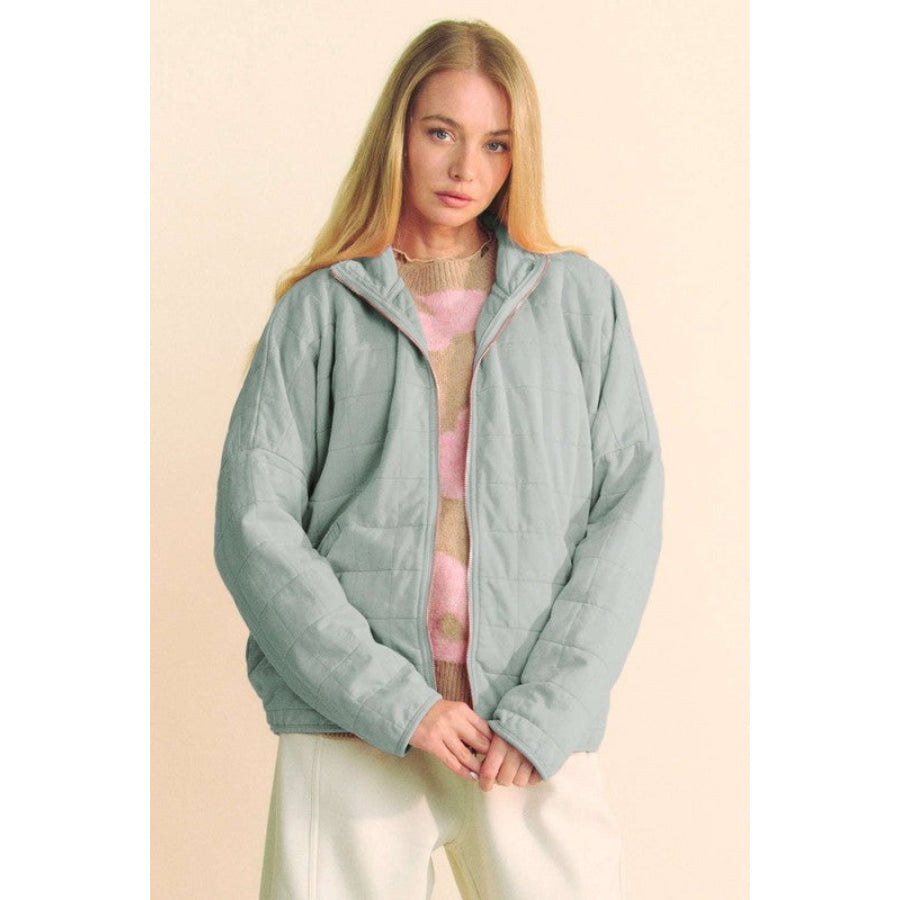 Davi &amp; Dani Quilted Zip Up Dropped Shoulder Jacket GREY BLUE / S Apparel and Accessories