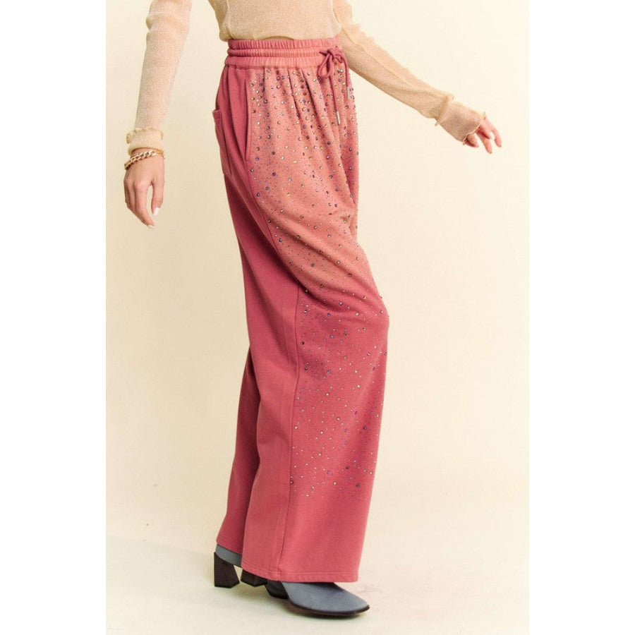 Davi &amp; Dani Rhinestone Drawstring Wide Leg Pants Apparel and Accessories