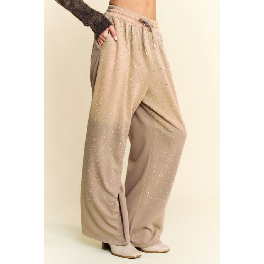 Davi & Dani Rhinestone Drawstring Wide Leg Pants Apparel and Accessories