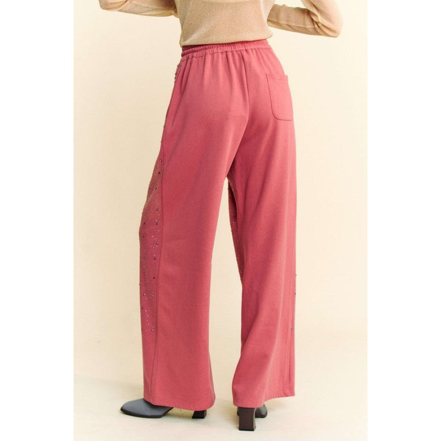 Davi & Dani Rhinestone Drawstring Wide Leg Pants Deep Rose / S Apparel and Accessories