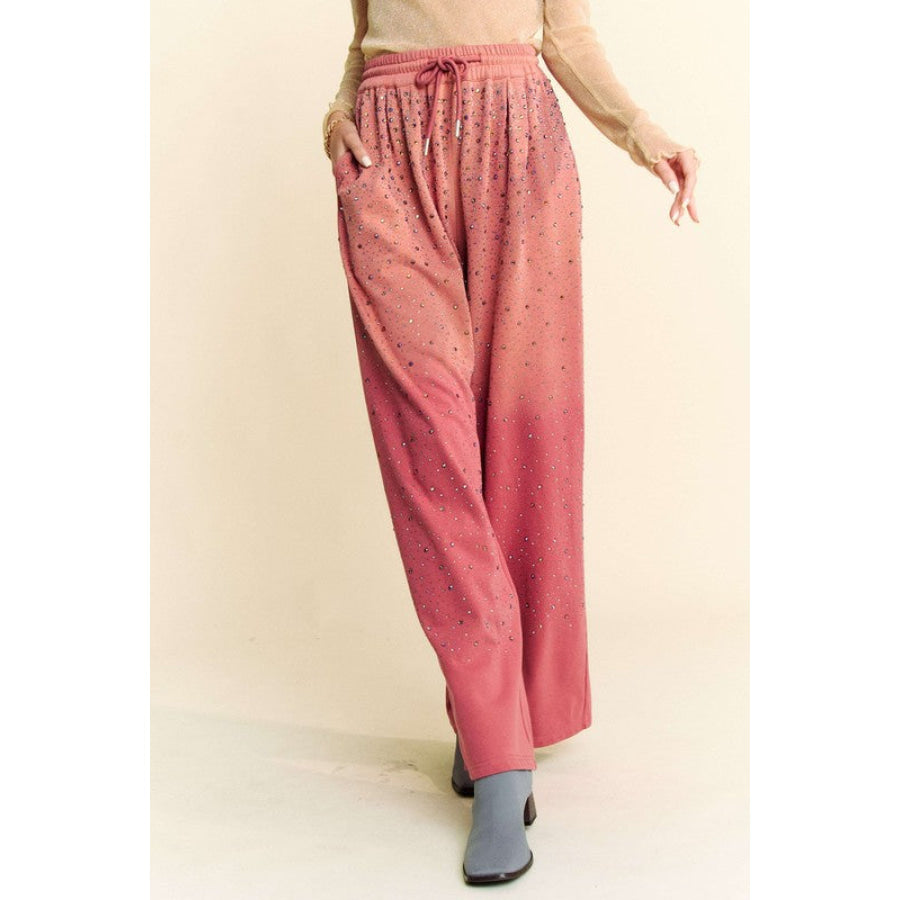 Davi &amp; Dani Rhinestone Drawstring Wide Leg Pants Apparel and Accessories