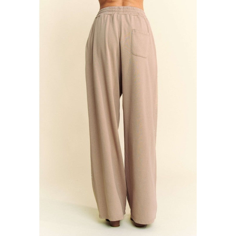 Davi & Dani Rhinestone Drawstring Wide Leg Pants Tan / S Apparel and Accessories