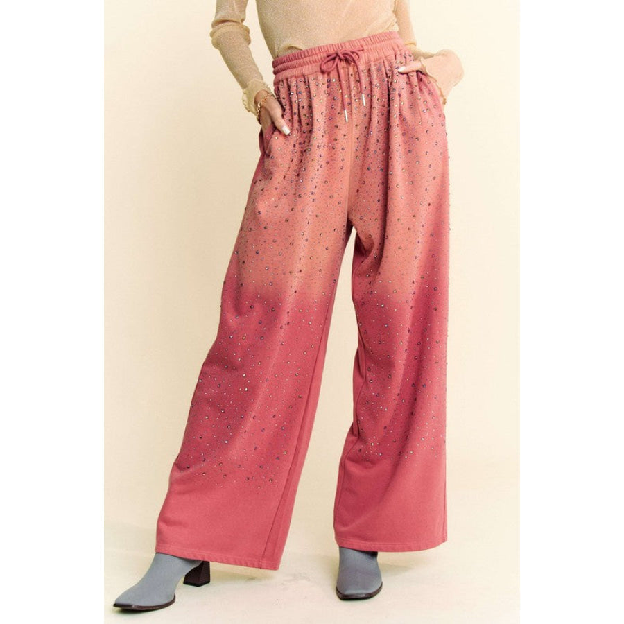 Davi &amp; Dani Rhinestone Drawstring Wide Leg Pants Deep Rose / S Apparel and Accessories